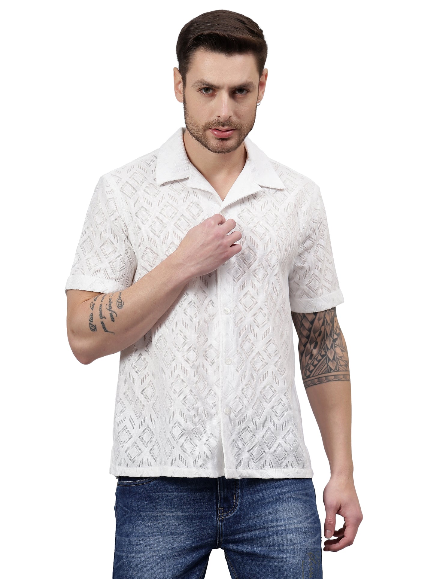 Geo Allover Half Sleeve White Trending  Men's Wear Casual Shirt
