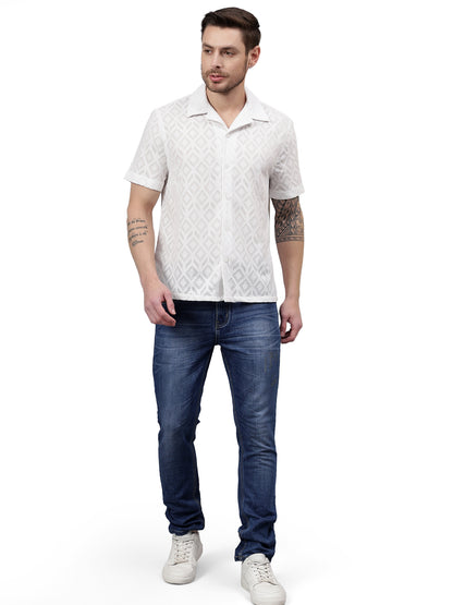 Geo Allover Half Sleeve White Trending  Men's Wear Casual Shirt