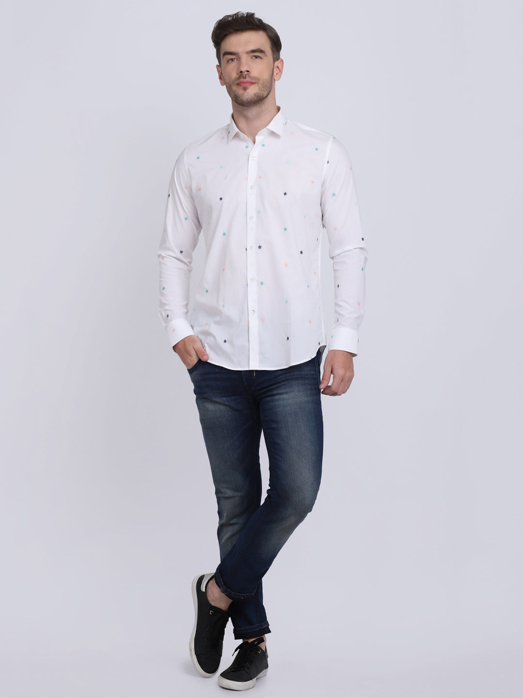 White with Multi Star embroidered Regular Fit  Casual/Party Wear Shirt