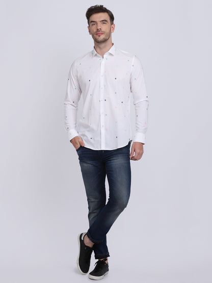 White with Multi Star embroidered Regular Fit  Casual/Party Wear Shirt