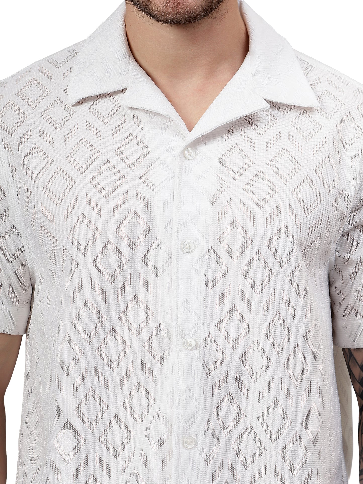 Geo Allover Half Sleeve White Trending  Men's Wear Casual Shirt