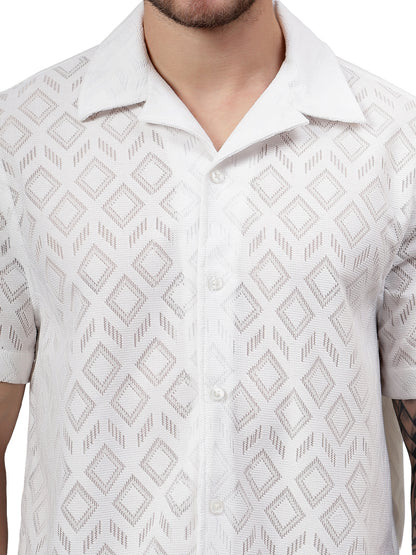 Geo Allover Half Sleeve White Trending  Men's Wear Casual Shirt