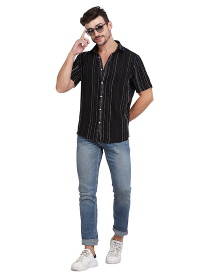 Black Multicolor Novelty Stripe Cotton Shirt