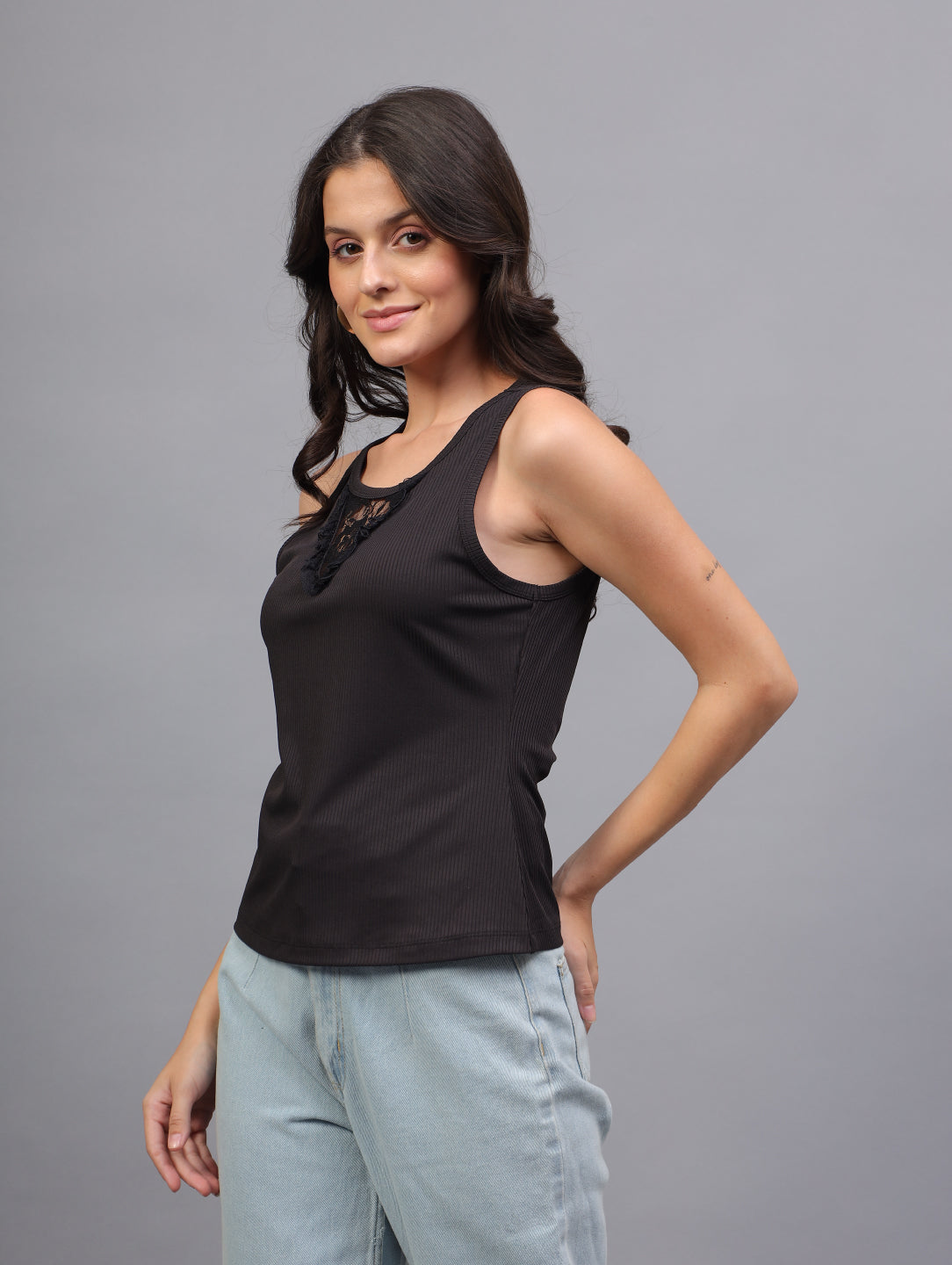 Back To Girl Midnight Lace Ribbed Tank Top in Black - Image 4