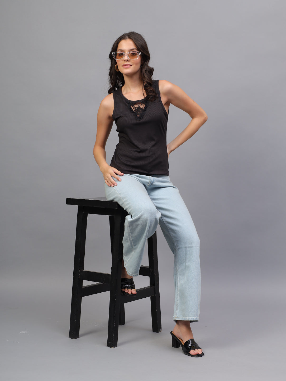 Back To Girl Midnight Lace Ribbed Tank Top in Black - Image 6