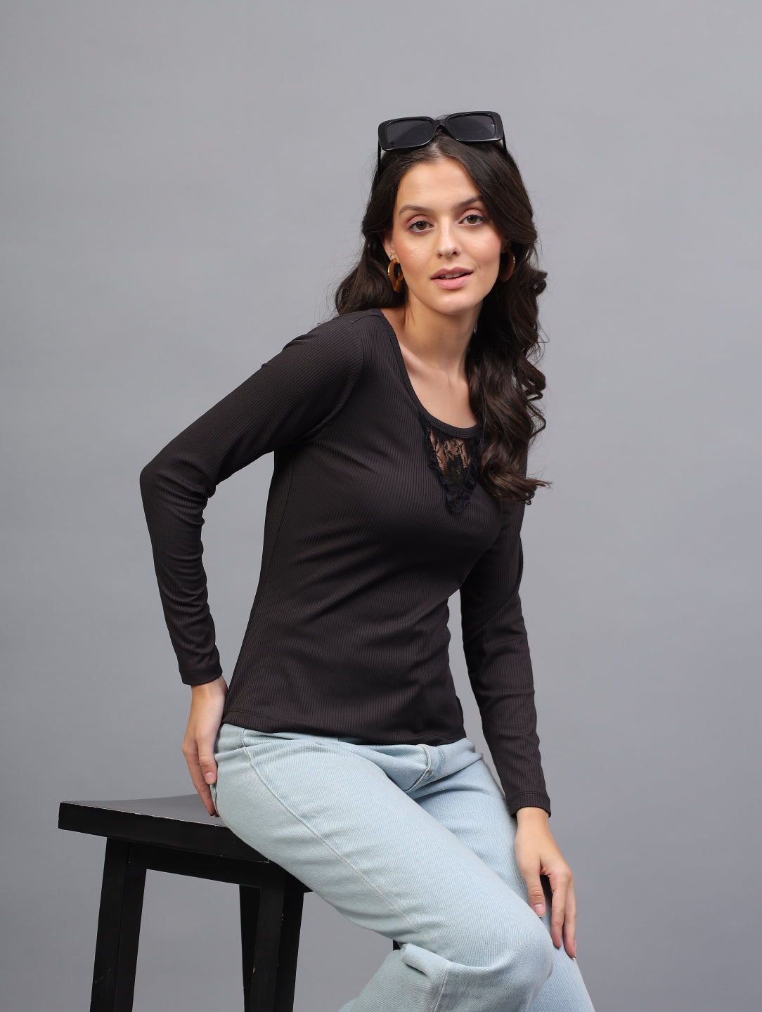 Midnight Lace Ribbed Full Sleeve Top