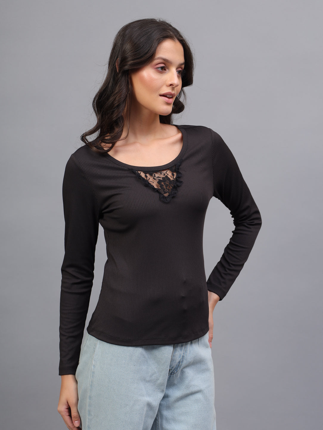 Midnight Lace Ribbed Full Sleeve Top