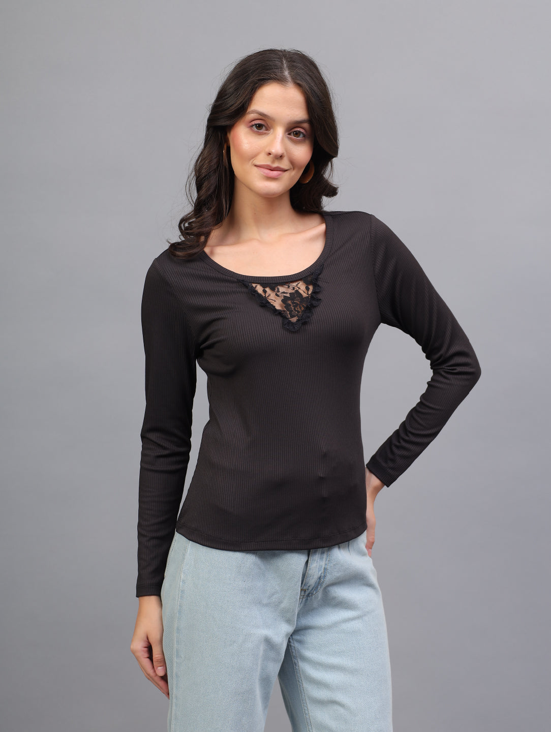 Midnight Lace Ribbed Full Sleeve Top