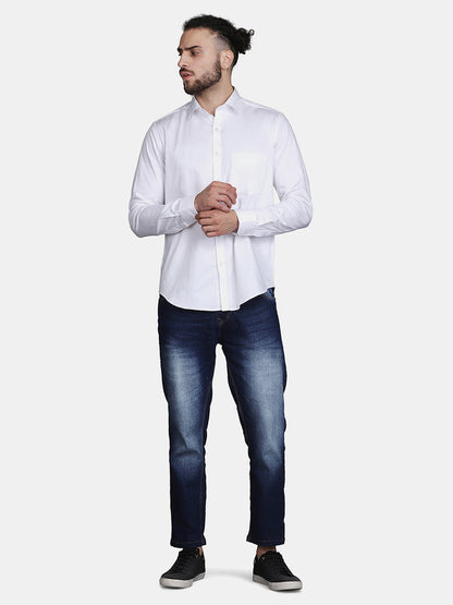 White Cotton Satin Regular fit Party Wear Men's Shirt