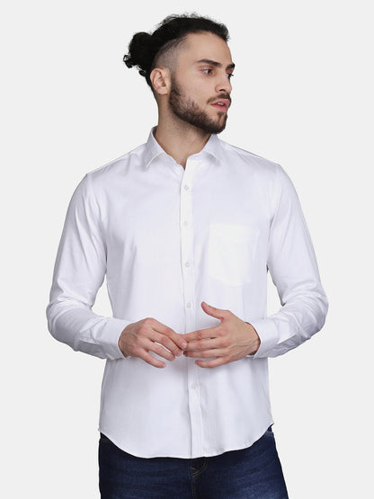 White Cotton Satin Regular fit Party Wear Men's Shirt