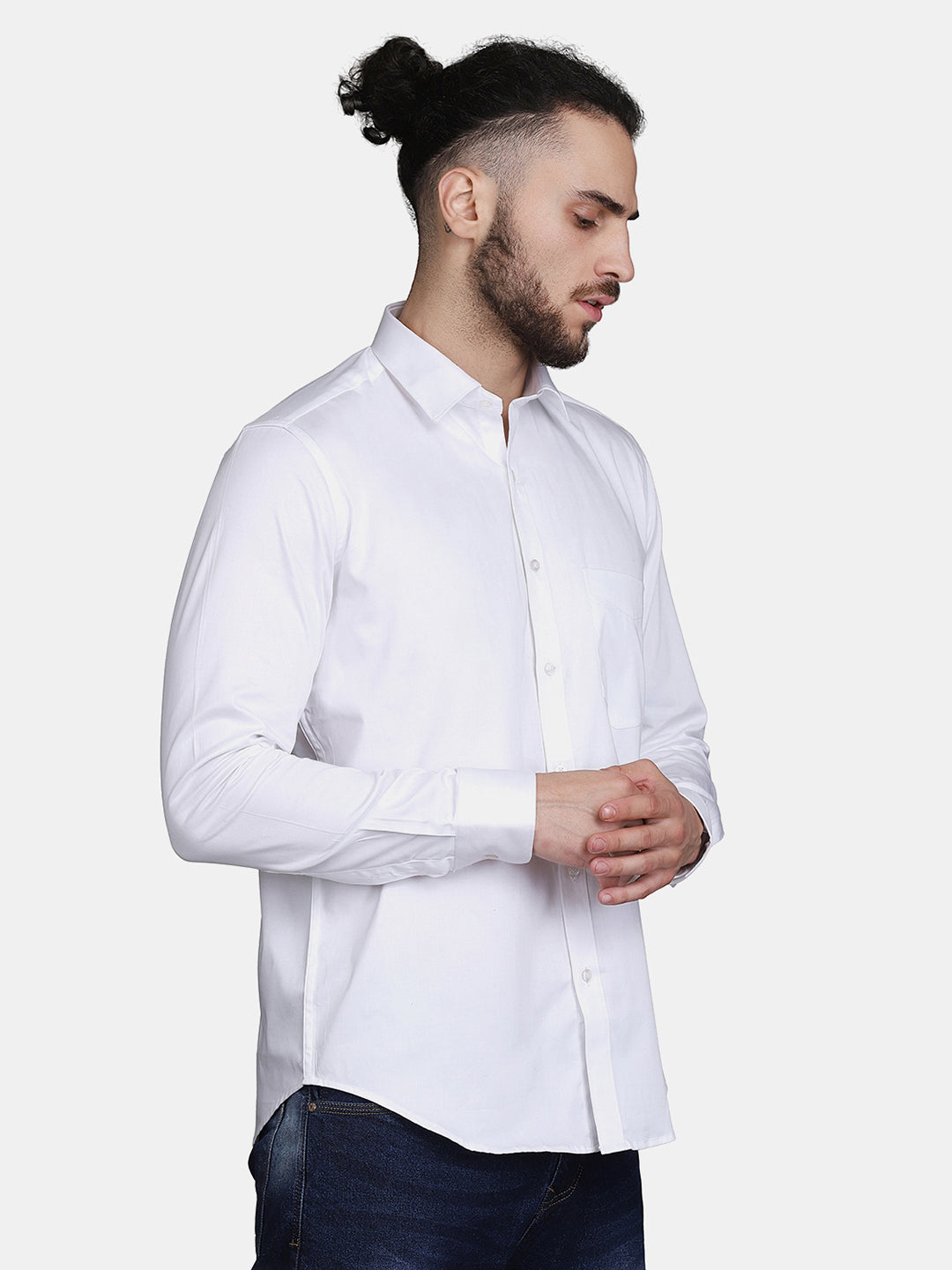 White Cotton Satin Regular fit Party Wear Men's Shirt