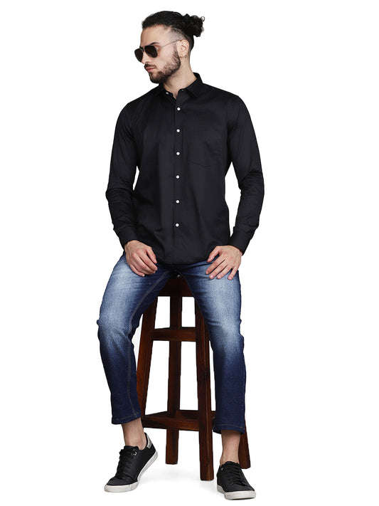 Black Patch Pocket Cotton Satin Men's Shirt