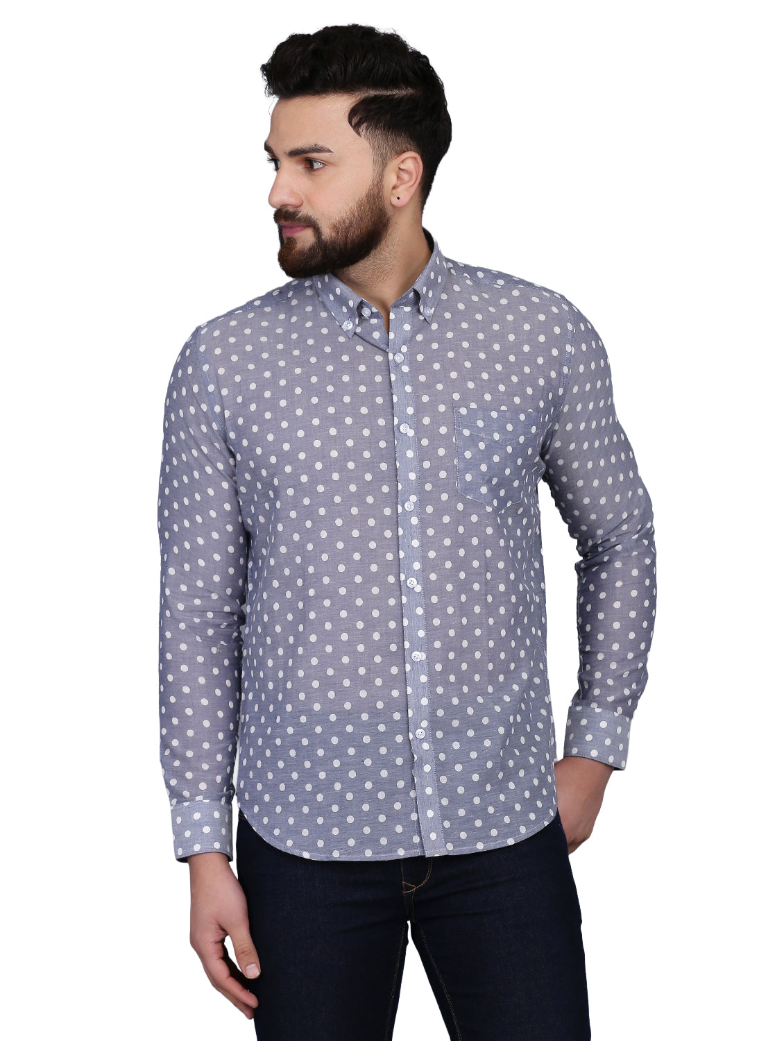 Polka Dot Blue Chambray Dobby Shirt