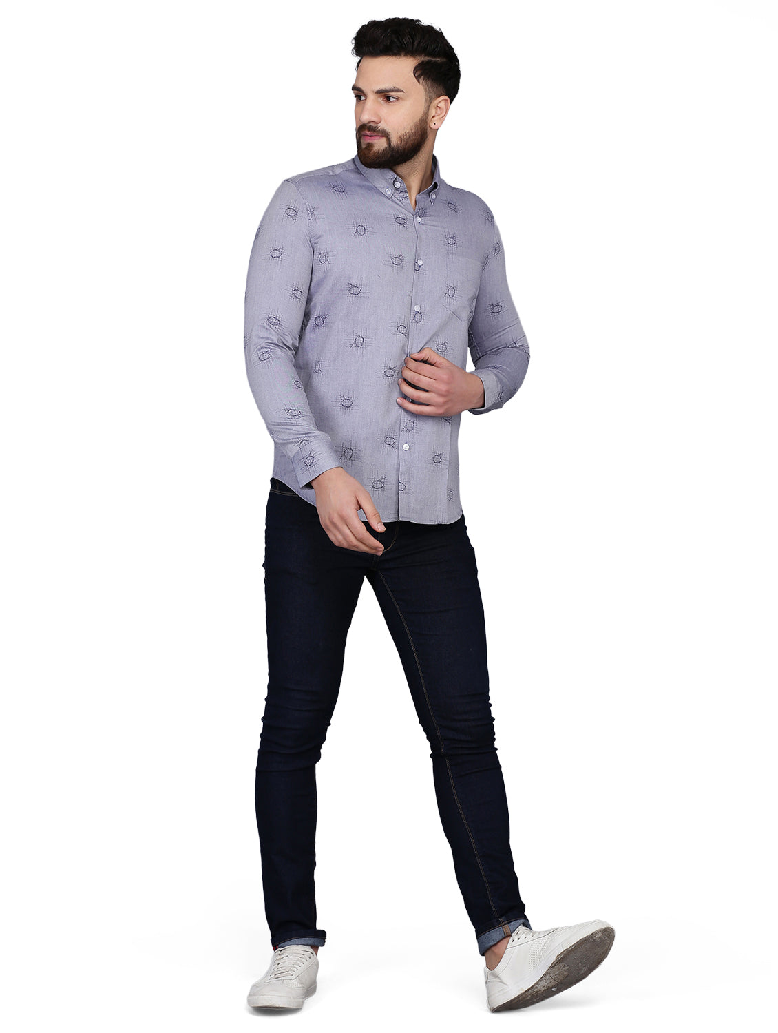Grey Printed Chambray Formal Shirt