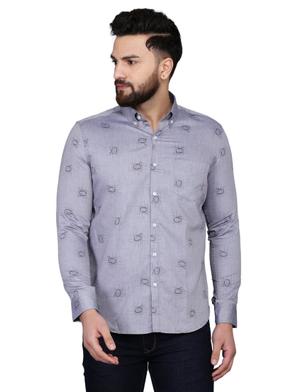 Grey Printed Chambray Formal Shirt