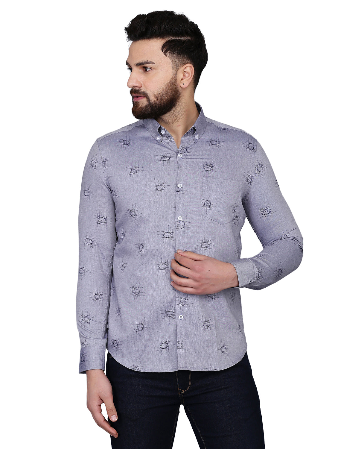 Grey Printed Chambray Formal Shirt