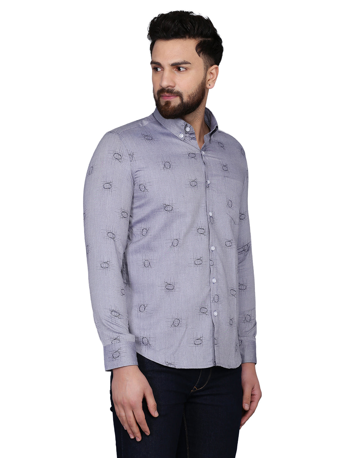 Grey Printed Chambray Formal Shirt