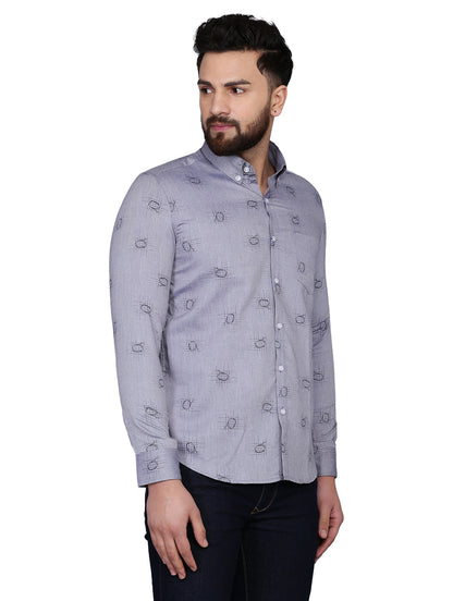 Grey Printed Chambray Formal Shirt