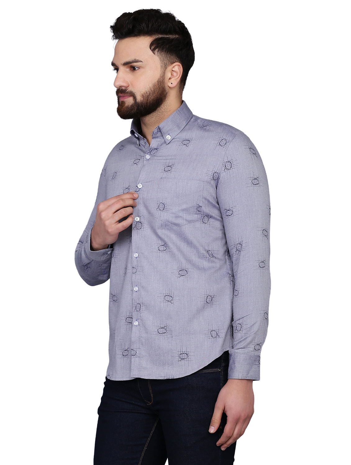 Grey Printed Chambray Formal Shirt