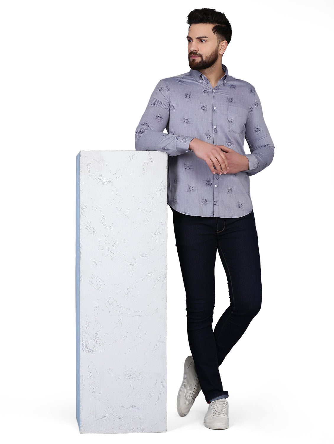 Grey Printed Chambray Formal Shirt