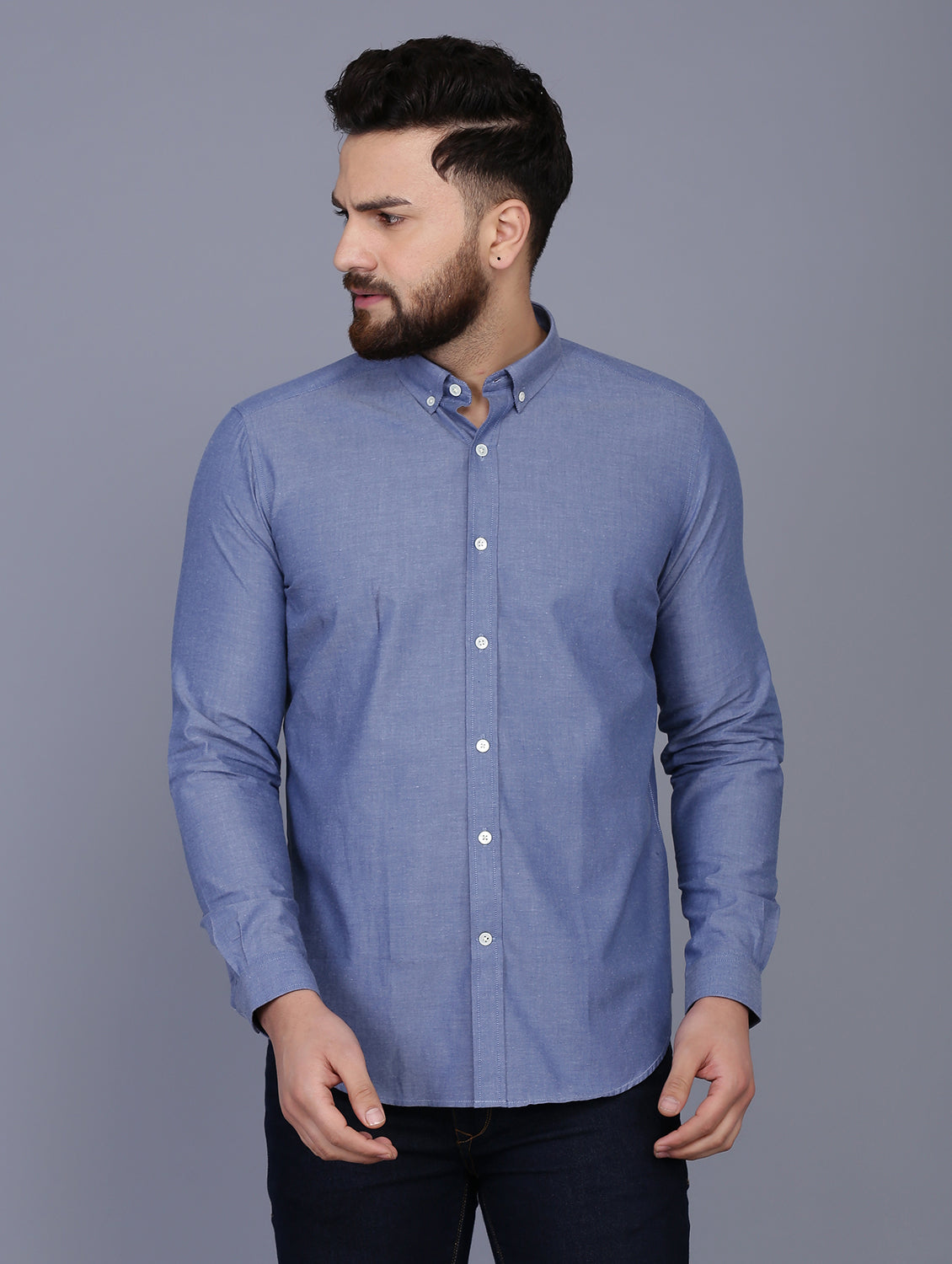 Blue Slim Fit Chambray Solid Formal Shirt