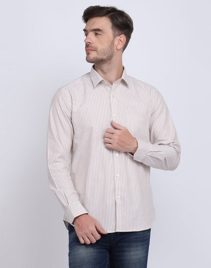 Cotton Oxford Casual Camel & White Striped Shirt