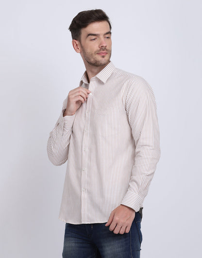 Cotton Oxford Casual Camel & White Striped Shirt