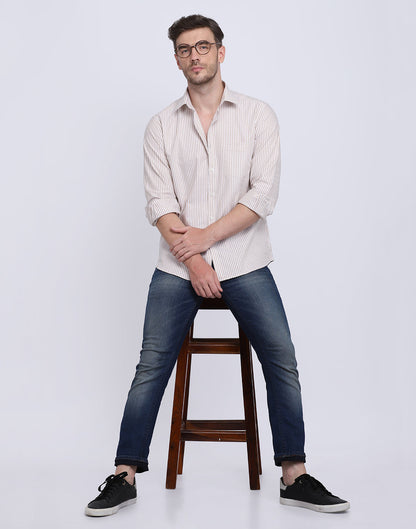 Cotton Oxford Casual Camel & White Striped Shirt