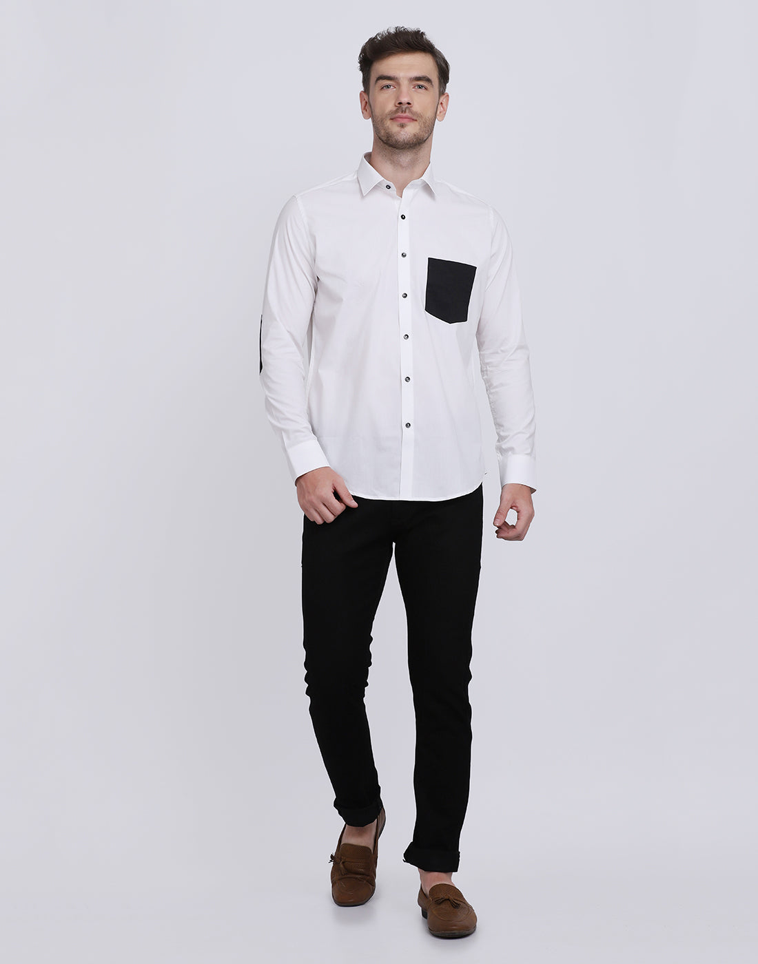 White With Black Pocket Detailed Cotton Shirt