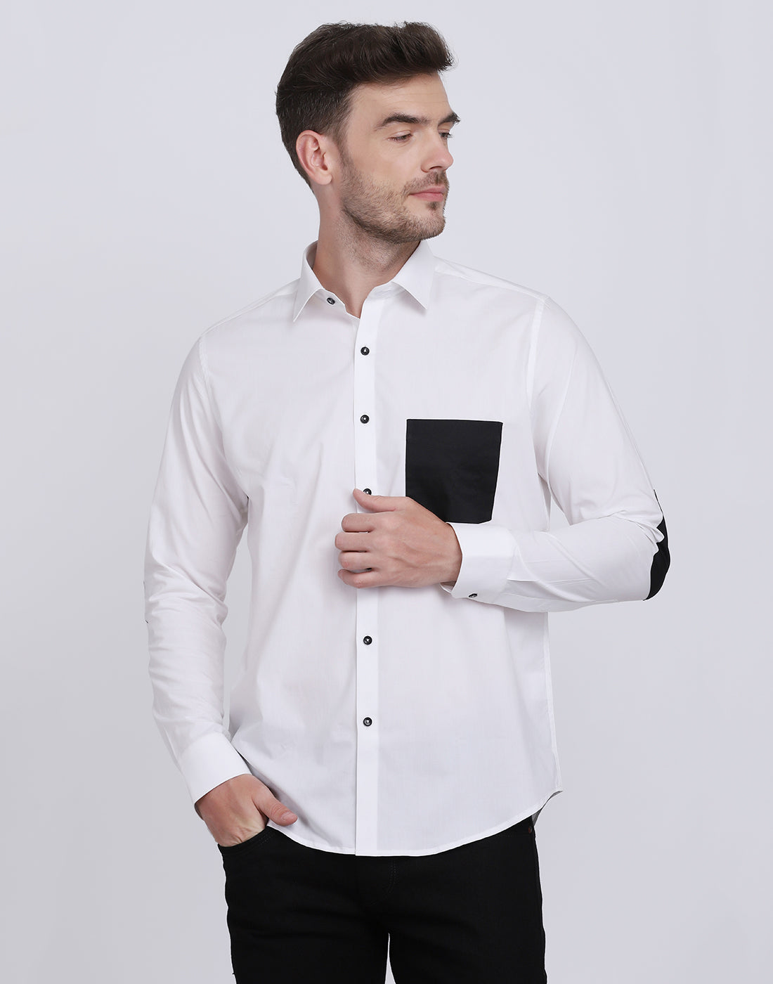 White With Black Pocket Detailed Cotton Shirt