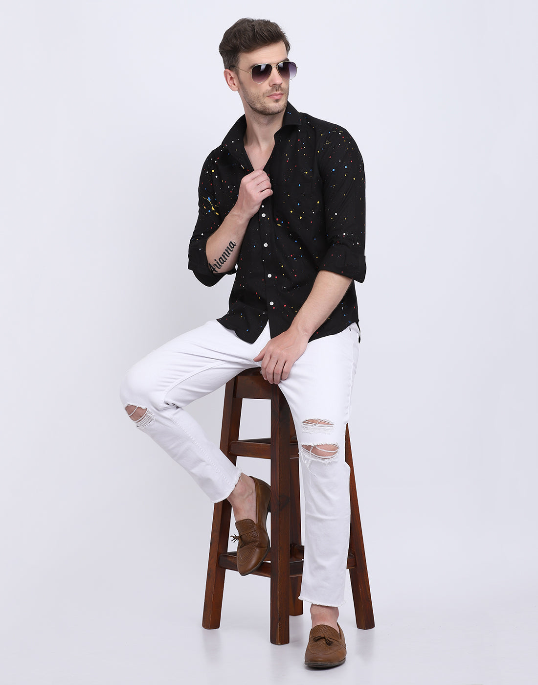 Multicolor hand drop paint casual black shirt