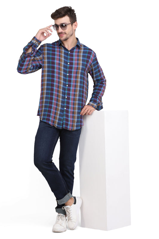 Blue Checkered Seersucker slim fit shirt