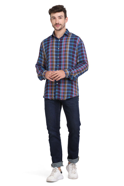 Blue Checkered Seersucker Slim Fit Shirt