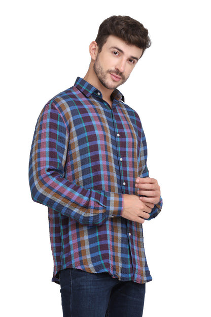 Blue Checkered Seersucker Slim Fit Shirt