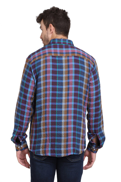Blue Checkered Seersucker Slim Fit Shirt