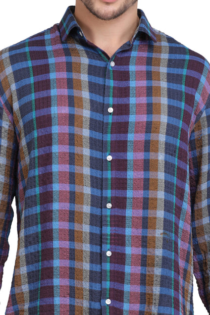 Blue Checkered Seersucker Slim Fit Shirt