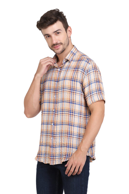 Beige Checkered Seersucker Slim Fit Shirt