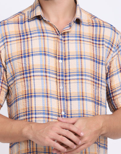 Beige Checkered Seersucker Slim Fit Shirt
