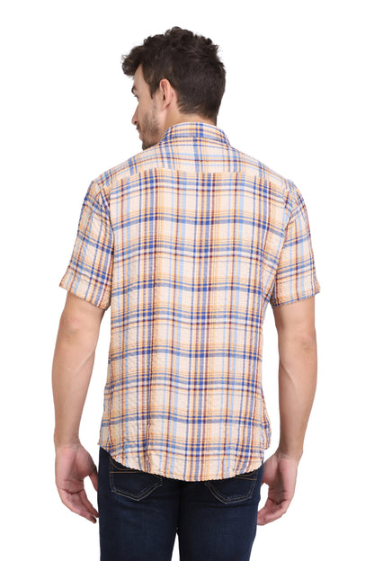 Beige Checkered Seersucker Slim Fit Shirt