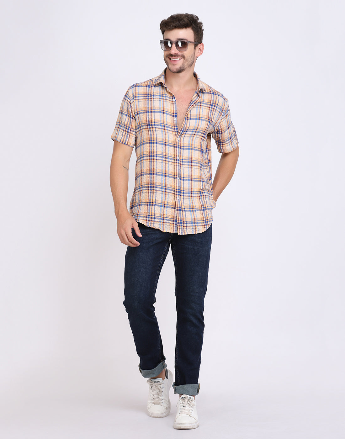 Beige Checkered Seersucker slim fit shirt