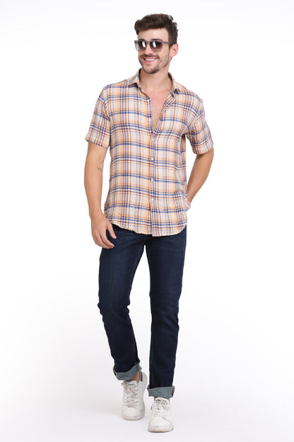 Beige Checkered Seersucker Slim Fit Shirt
