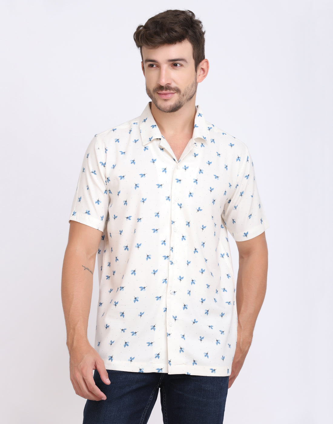 Blue & White floral printed Rayon shirt