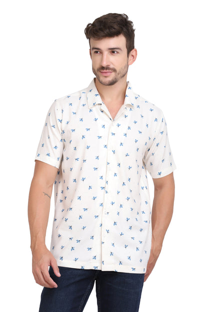 Blue & White Floral Printed Rayon Shirt