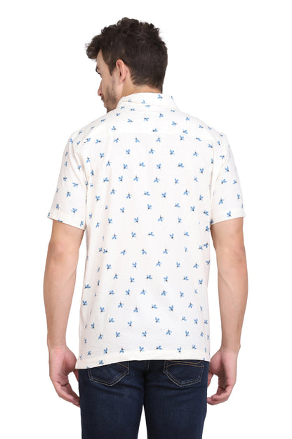 Blue & White Floral Printed Rayon Shirt