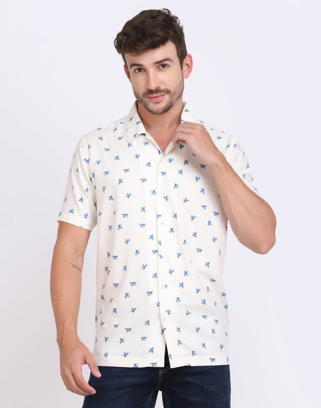 Blue & White floral printed Rayon shirt