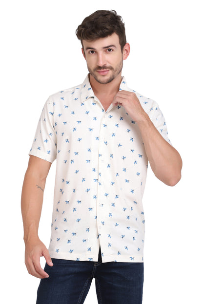 Blue & White Floral Printed Rayon Shirt