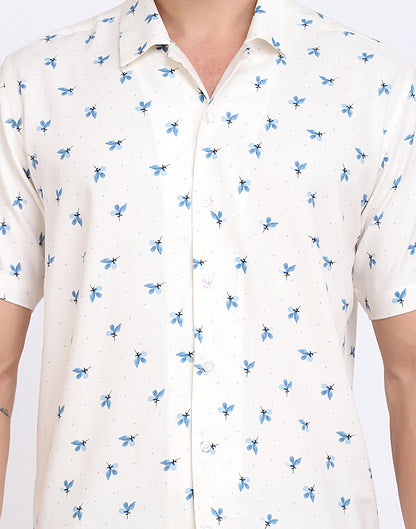 Blue & White Floral Printed Rayon Shirt