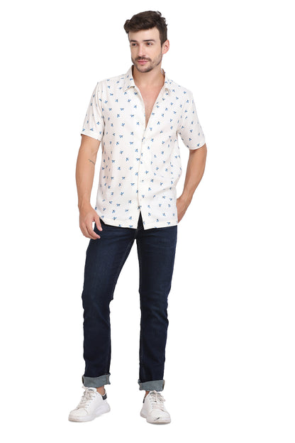 Blue & White Floral Printed Rayon Shirt