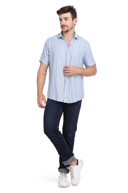 Blue & White Vertical Striped Rayon Shirt