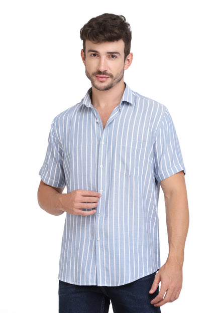 Blue & White Vertical Striped Rayon Shirt